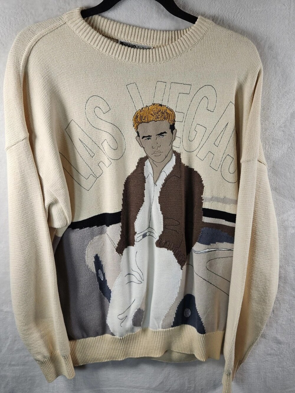 Vintage 90s MMS Made in Italy Elvis Intarsia Knit Sweater Cream Mensa size Large